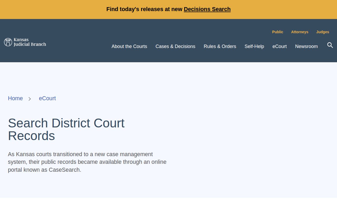 Kansas District Court Records access page