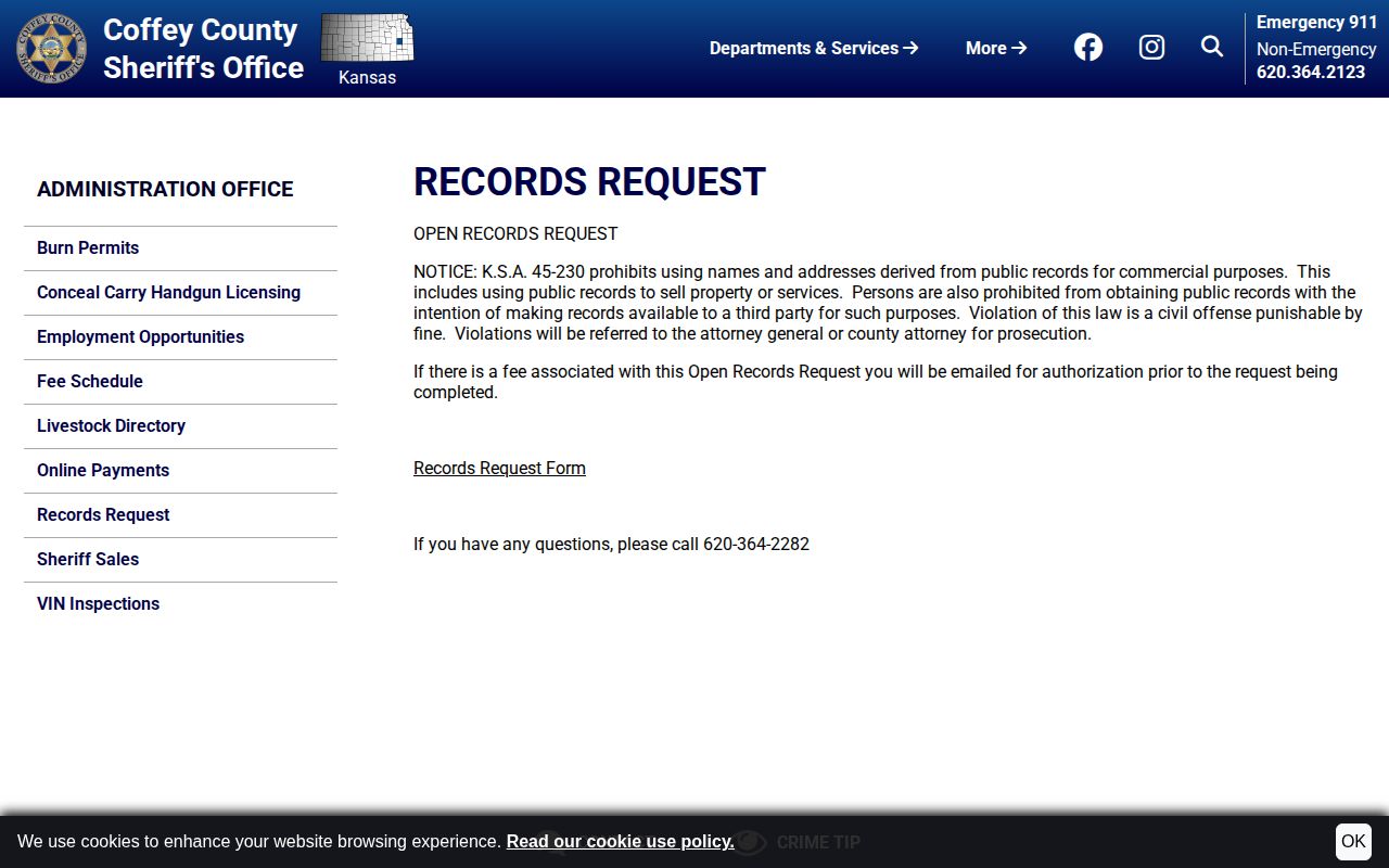 Coffey County Sheriff's Office records request page