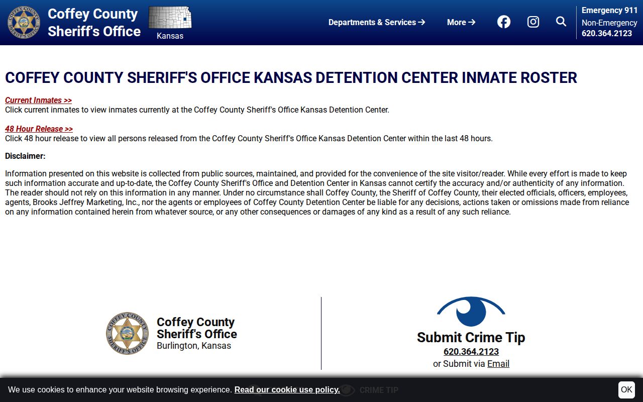 Coffey County inmate roster gateway with current and 48-hour release choices