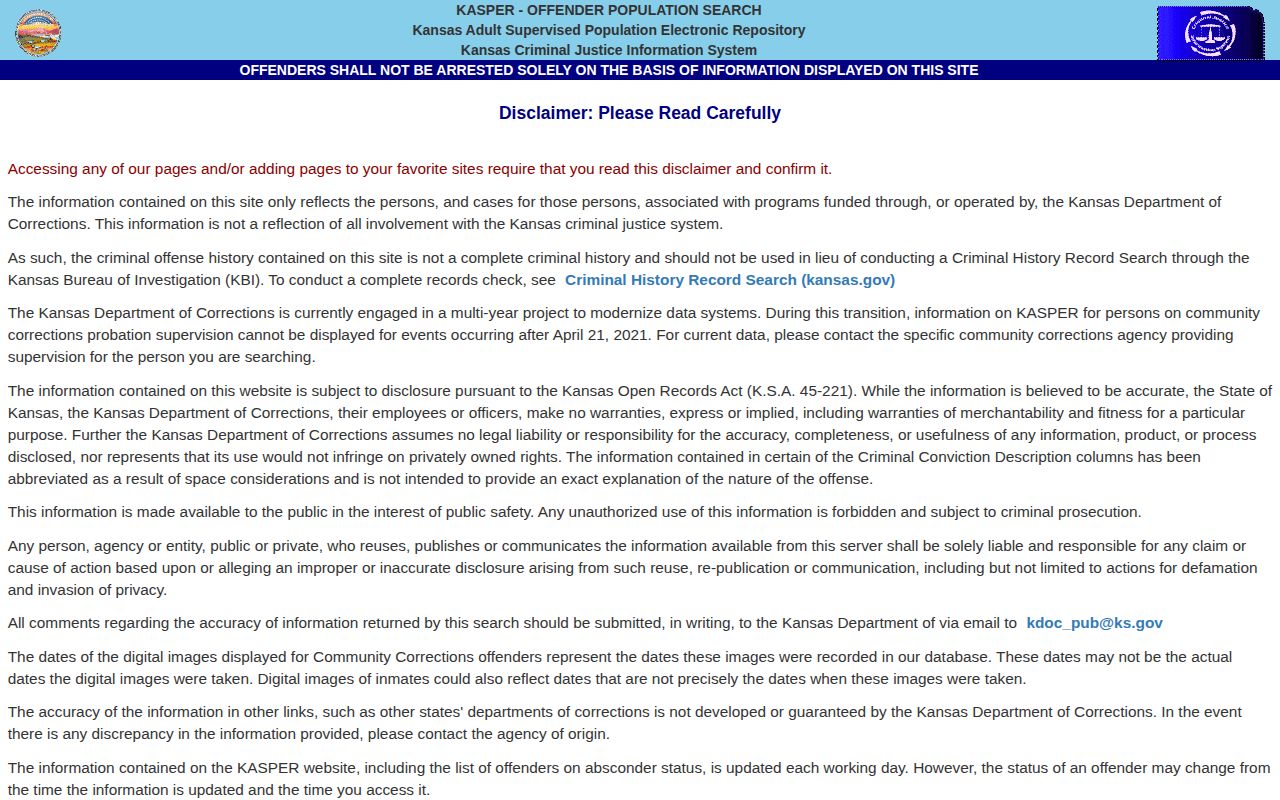 Kansas KASPER offender search disclaimer and entry page