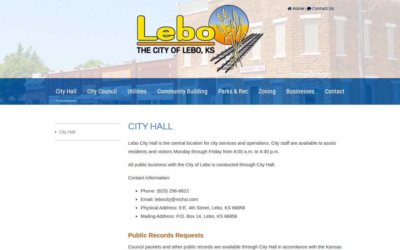 Lebo City Hall source for Coffey County arrest and mugshot record requests